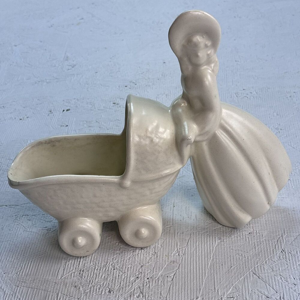 Vintage Haeger Pottery Figural Planter Pink Lady Pushing Baby Carriage  Made USA